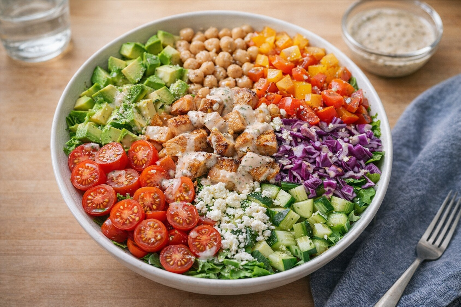 A vibrant, overhead shot of a beautifully arranged chopped salad with various colorful vegetables, protein, and dressing, studio lighting, clean and inviting